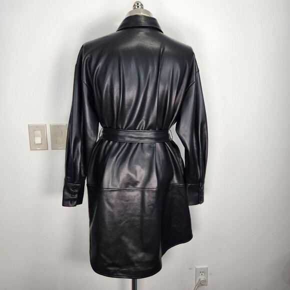 Eloquii Faux Leather Shirt Dress Plus Size 16 Short Black Button Up Belted Urban - Picture 3 of 11